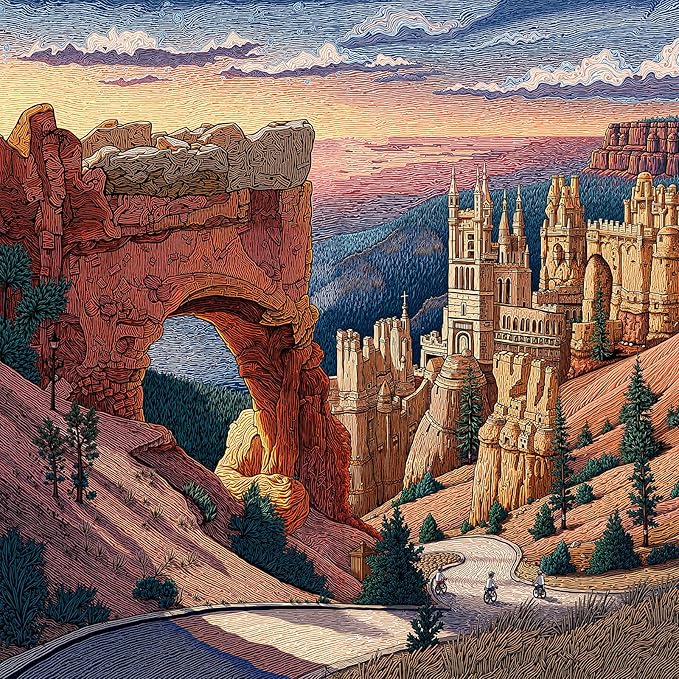 1000 Piece Jigsaw Puzzle for Adults, Cityscape Jigsaw Puzzle, Utah Arches Fantasy Castle Landscape with Bikers, 1000 Piece Challenging Art Puzzle, 22.5 x 22.5 in