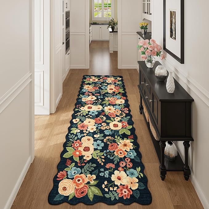 DUKINO 2.6x8 Runner Rug, Floral Washable Kitchens Rugs Non Slip, Navy Blue | Low Pile, Stain Resistant, Soft Throw Carpet Runner for Hallway, Entryway, Bedroom, Bathroom, Pet Friendly, Modern Home Decor
