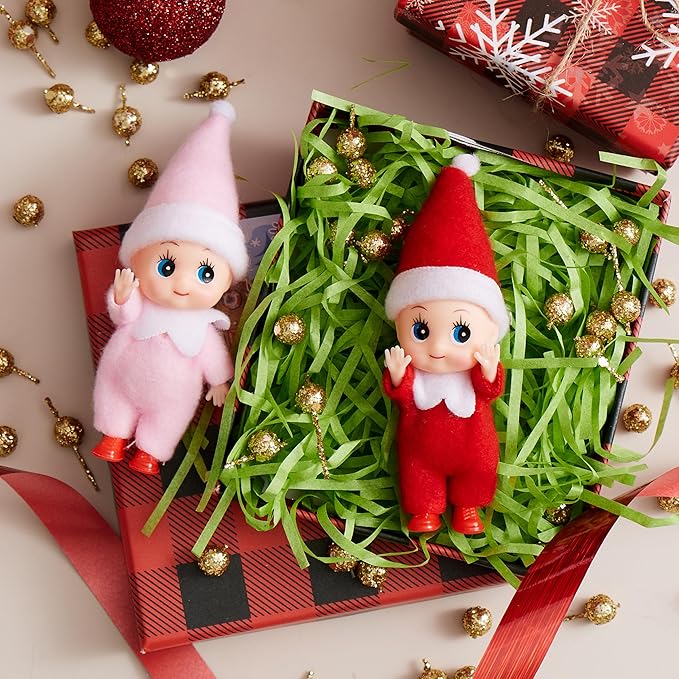 JOYIN 2PCS Christmas Elf Plush Doll, Red and Pink Tiny Soft Plush Elf Doll Accessories for Christmas Holiday Decorations, Dress-Up Party.