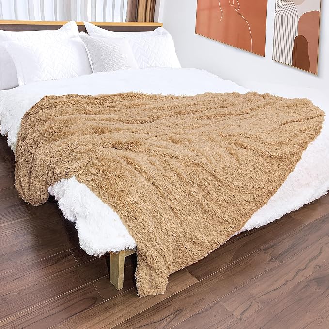 Decorative Extra Soft Faux Fur Blanket Twin Size,Solid Reversible Fuzzy Lightweight Long Hair Shaggy Blanket,Fluffy Plush Fleece Comfy Microfiber Throw Blanket for Couch Sofa Bed,Camel