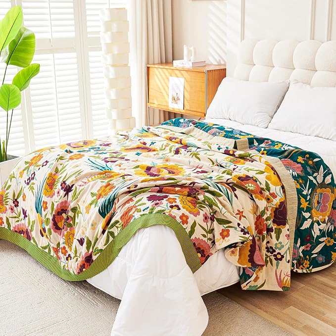 VANJOROY Boho Throw Blanket, 100% Organic Cotton Breathable Ultra Soft 91" x 98" Bed Quilt Throw - All Season Floral Rustic Farmhouse Decor Luxury Reversible Blanket for Sofa Couch Chair and Gift