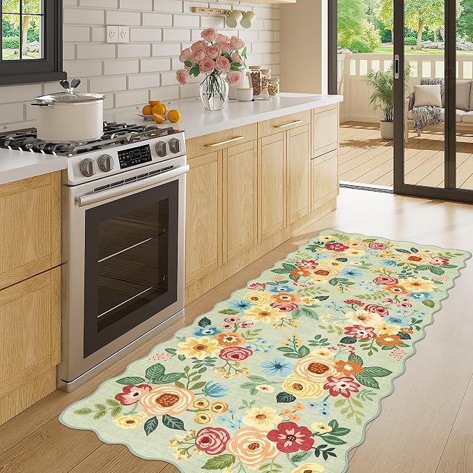 DUKINO 2x5 Washable Runner Rug, Floral Non Slip Rug for Kitchen, Green | Soft, Low Pile, Non-Shedding Throw Rug Runner for Hallway, Entryway, Bedroom, Bathroom, Pet Friendly, Home Decor, Lightweight
