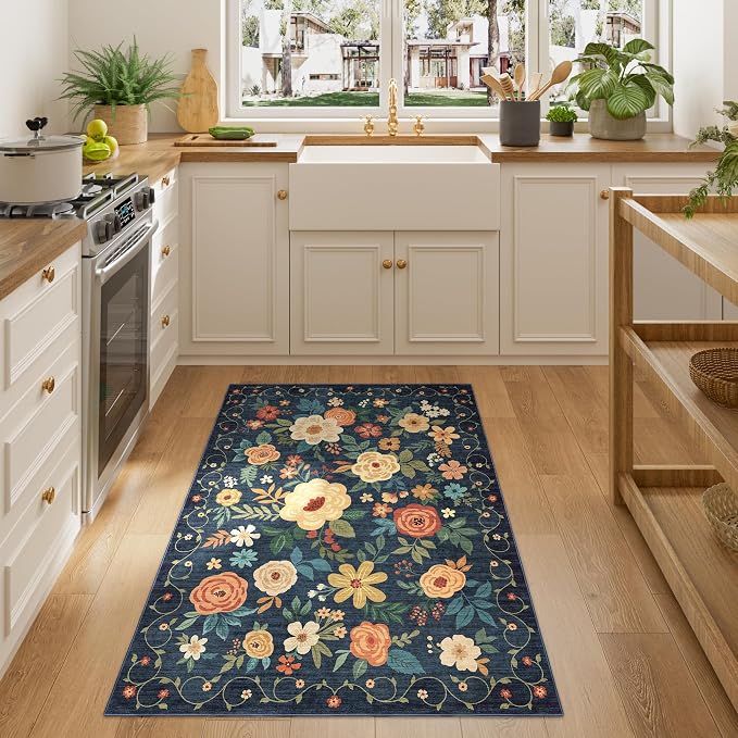 DUKINO 3x4 Area Rug, Floral Washable Rug for Kitchen Non Slip, Navy Blue | Low Pile, Soft, Stain Resistant Indoor Rug for Entryway, Bedroom, Bathroom, Laundry, Pet Friendly, Home Decor, Lightweight