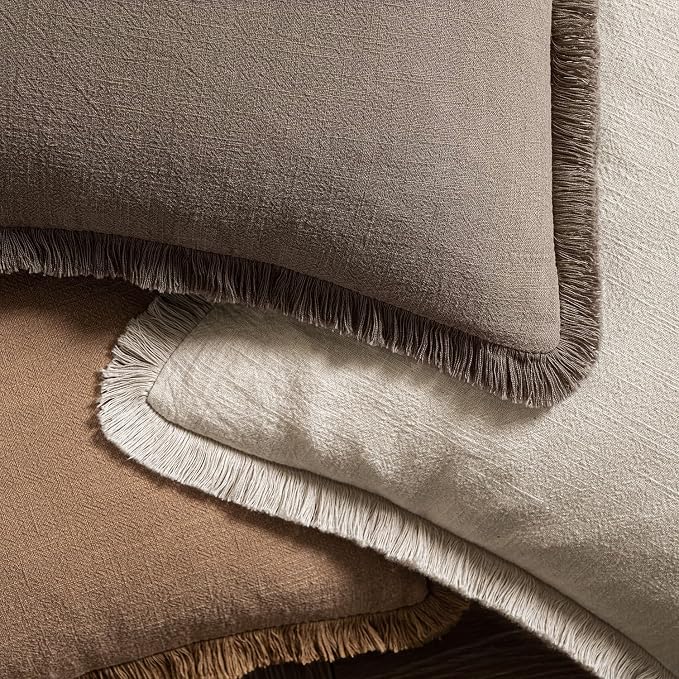 MIULEE Linen Fringe Decorative Fall Euro Throw Pillow Covers Coffee 24x24 | Set of 2, Cottagecore Decor, Boho Farmhouse Neutral Pillow Covers, Rustic Fall Couch Cushion Cases for Sofa Bed Living Room