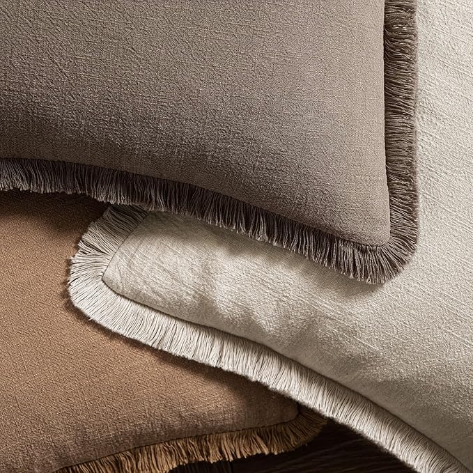 MIULEE Boho Linen Fringe Decorative Fall Throw Pillow Covers Coffee 20x20 | Set of 2, Cottagecore Decor, Boho Farmhouse Neutral Pillow Covers, Rustic Fall Couch Cushion Cases for Sofa Bed Living Room