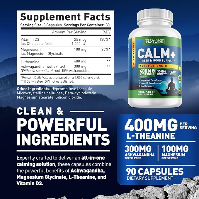 Built by Nature Calm+ Relaxation & Focus Supplement, 90 Capsules Stress, Cortisol & Mood Support, L-Theanine, Ashwagandha, Magnesium Glycinate, Vitamin D3
