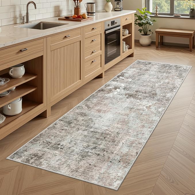Soalmost Abstratc Runner Rug 2x5 Washable Kitchen Entry Runners Pink/Grey | Non-Slip Low-Pile Rugs for Bathroom Laundry Room, Vintage Foldable Floor Carpet Mat Hallway Entryway for Corridor Bedroom