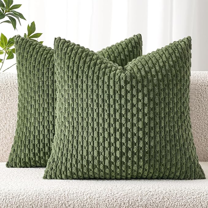 MIULEE Decorative Throw Pillow Covers 20x20 Moss Green Textured Corduroy | Pack of 2 Striped Pillow Covers Modern Farmhouse Home Decor for Couch Bed Sofa Living Room
