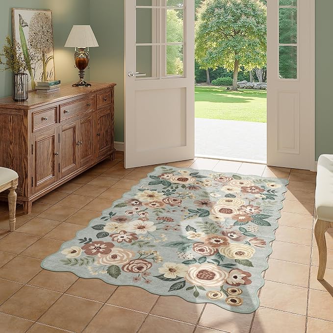 DUKINO 3x5 Area Rugs, Non Slip Floral Washable Rug for Bedroom, Sage Green | Soft, Low Pile, Non-Shedding Throw Rugs for Living Room, Entryway, Kitchen, Kids Room, Pet Friendly, Home Decor, Lightweight