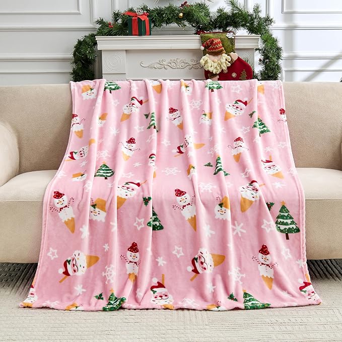 Edenleaf Christmas Blanket Soft Cozy Pink Throws with Snowman Snowflake Santa Claus and Xmas Trees Print, Fuzzy Warm Christmas Throw Blanket for Couch Bed Holiday Decorations Gifts 60"x80" (Pink)