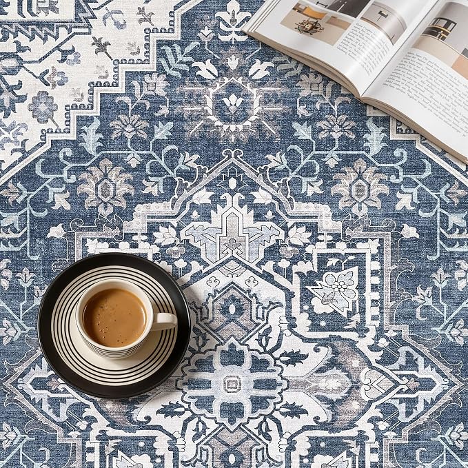 UERMEI 10x12 Area Rug for Living Room - Washable Vintage Carpet, Non-Slip Soft Large Indoor Floor Rugs for Bedroom Home Office & Under Dining Table Decor, Denim Blue/White