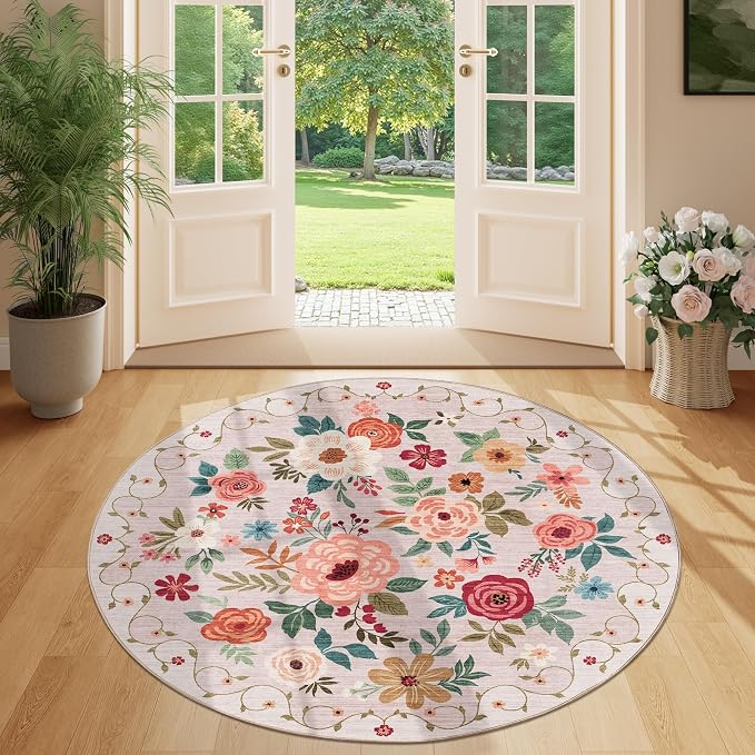 DUKINO 4ft Round Rug, Floral Washable Small Round Area Rug Non Slip, Beige | Soft, Low Pile, Stain Resistant Indoor Circle Rug for Bedroom, Kitchen, Kids Room, Living Room, Pet Friendly, Home Decor