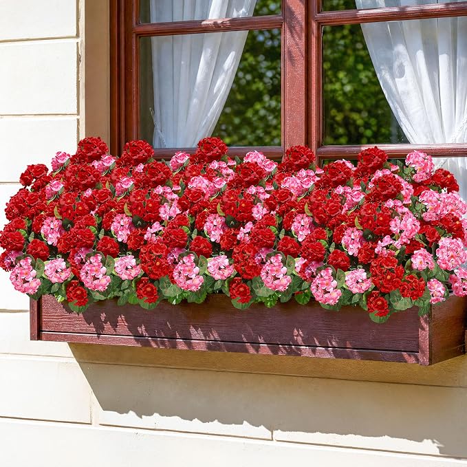 Artificial Geraniums Fake Flowers for Outdoors Decoration, 6 Bundles Silk Geraniums Flower UV Resistant Look Real Faux Plants for Front Door Garden Porch Planter Patio Balcony Yard Indoor Home, Mix
