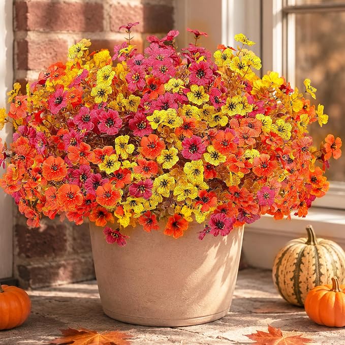 Artificial Faux Mums Flowers Plants for Outdoors Autumn Decoration,12 Bundles Fake Mums Plastic Silk Daisy Fall Flowers Plants UV Resistant Look Real for Outside Planters Patio Porch Yard 3 Multicolor