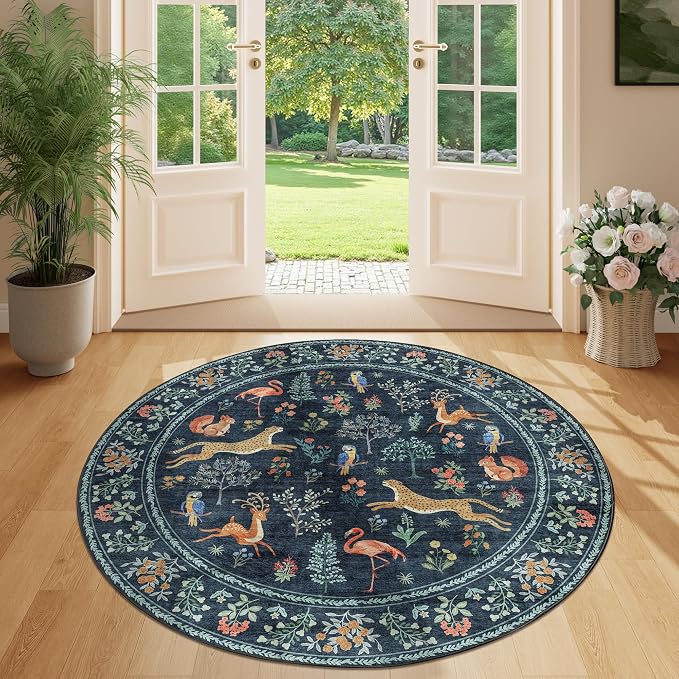 DUKINO 4ft Round Rug, Washable Animal Round Area Rug Non Slip, Navy Blue | Low Pile, Soft, Non-Shedding Indoor Circle Carpet for Bedroom, Entryway, Living Room, Farmhouse, Pet Friendly, Lightweight