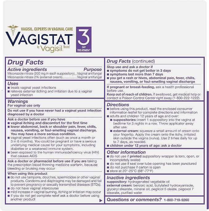 Vagisil Vagistat 3 Day Yeast Infection Treatment for Women, Relieves External Itching and Irritation - 2% External Miconazole Nitrate Cream, 3 Disposable Suppositories & Applicators (Pack of 2)