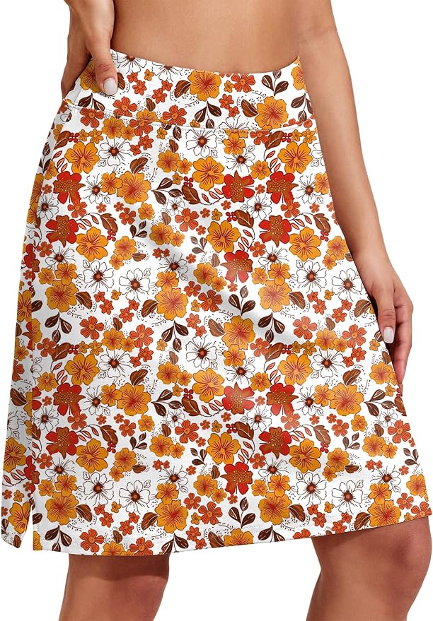 COOrun Women's 20" Knee Length Skirts High Waisted Golf Skorts with Pockets | Soft, Quick Dry, Split Hem, Built-in Shorts, A-line, Modest Skirts, for Golf Athletic Tennis Work Casual