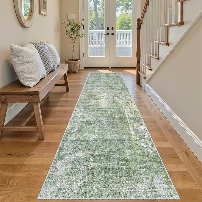 Soalmost Runner Rug 2'6"x8' Kitchen Hallway Runners Abstract Green/Ivory | Washable Non-Slip 2.5x8ft Carpet Entryway Bathroom, Low Pile Vintage Foldable Floor Mat for Corridor Laundry Room Bedroom
