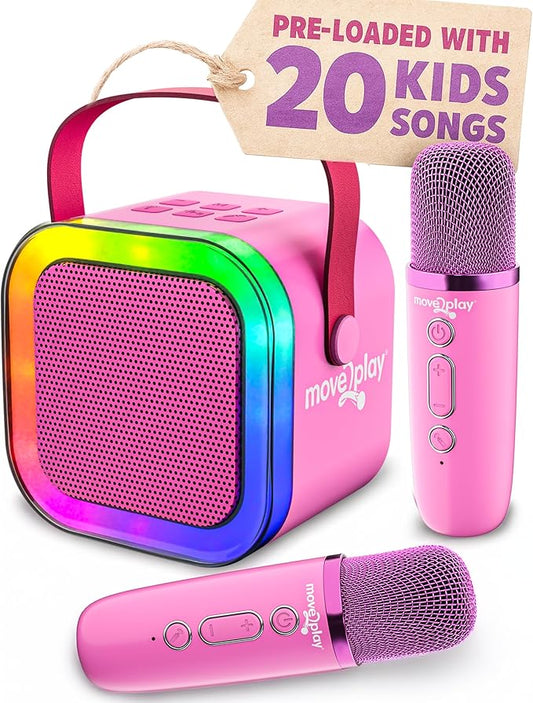 Move2Play, Mini Karaoke Machine for Kids | Built-in 20+ Songs | Bluetooth Speaker & Microphones | Voice Effects | Toddler Music Toy | Christmas Stocking Stuffer | Girls & Boys Age 2 3 4 5 6+ | Pink