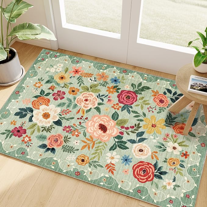 DUKINO 2x3 Rug, Floral Washable Rug for Entryway Non Slip Door Mat, Green | Low Pile, Non-Shedding Small Rug for Kitchen, Entrance, Bedroom, Bathroom, Pet Friendly, Stain Resistant, Modern Home Decor