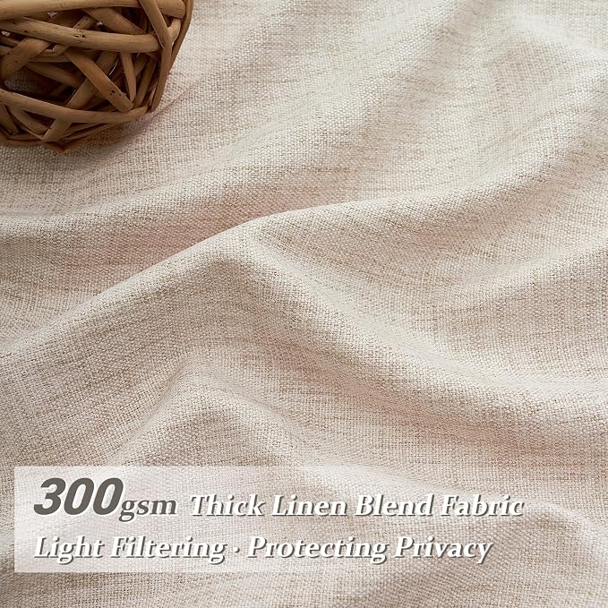PleatedDrapes Light Filtering Primitive for Living Room, Thick Linen Semi Sheer Curtains 96 Inches Long 2 Panels Set Rustic Country Oatmeal Beige Curtains Patio Door Window Drapes Window Treatments
