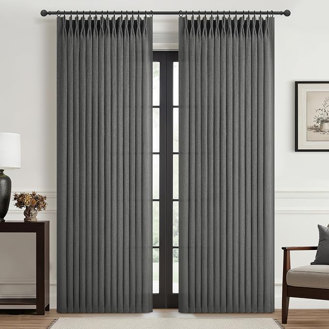 Dark Grey Memory Shaped Pinch Pleated Living Room Curtains 84 Inches Long 2 Panels Set, Textured Linen Semi Sheer Privacy Curtain Light Filtering for Bedroom Windows Drapes 40"W x 84"L Charcoal Gray