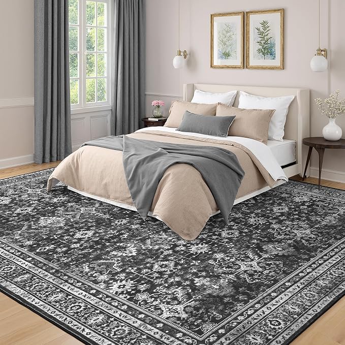 9x12 Area Rugs for Living Room, Black Washable Non-Slip Large Carpet | Soft Area Rug for Bedroom Dining Room Home Office Indoor Nursery, Stain Resistant, Low Pile, Vintage Boho Distressed Rug