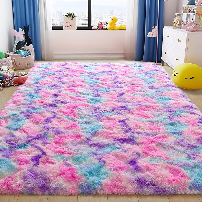 Tepook Pink Blue Purple Area Rug for Girls Room, Fluffy 6x9 Cute Soft Colorful Kids Rugs for Bedroom Dorm Classroom Nursery Playroom, Fuzzy Shaggy Rainbow Princess Carpet for Toddler Home Decor