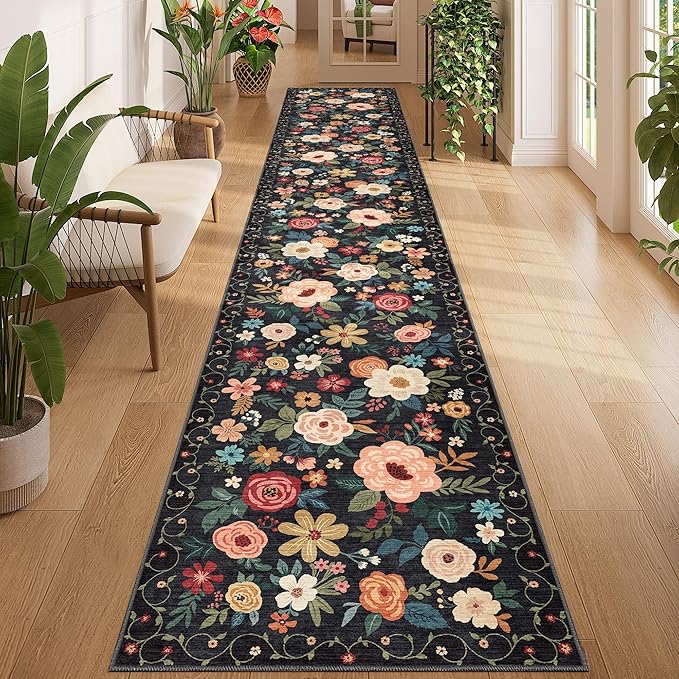 DUKINO 2x12 Washable Runner Rug, Non Slip Long Kitchen Runner Rug, Black | Floral, Low Pile, Soft Indoor Rug Runner for Hallway, Entryway, Bedroom, Bathroom, Laundry, Pet Friendly, Modern Home Decor