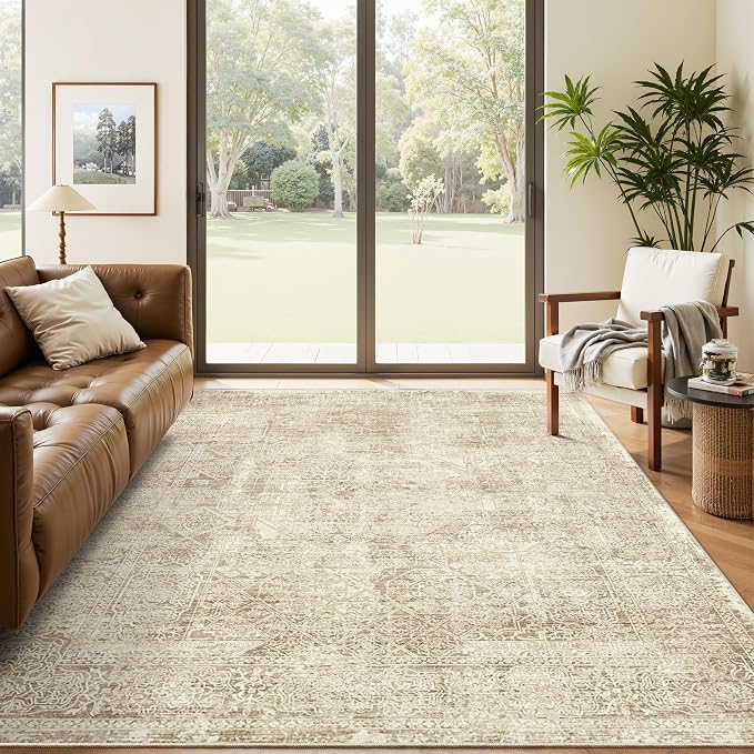 Soalmost 5x7 Area Rugs Light Brown Washable Trendy Faded Style Floral Rugs | Vintage Non-Slip Indoor Accent for Bedroom Dining, Foldable Stain Resistant Floor Carpet Mat Under Table Home Office Decor