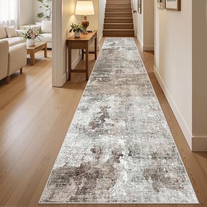 Soalmost Abstract Runner Rug 2x10 Hallway Kitchen Runners Pink/Grey | Vintage Washable Rugs for Bathroom Laundry Room, Low Pile Stain Resistant Floor Carpet Mat Entryway Corridor Bedroom