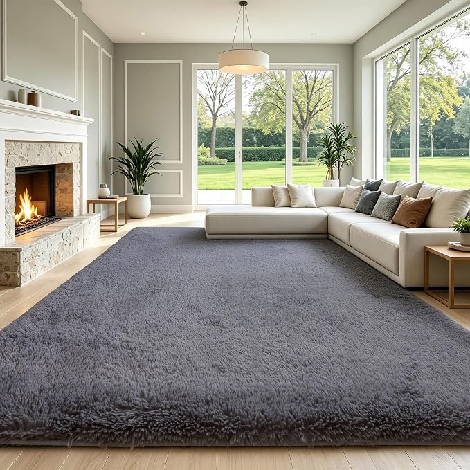 Grey Fluffy Large Area Rug 8x10, Soft Washable Shag Carpet | Cute plush fuzzy rug for bedroom, living room, nursery, dorm, baby, kids and toddler rooms
