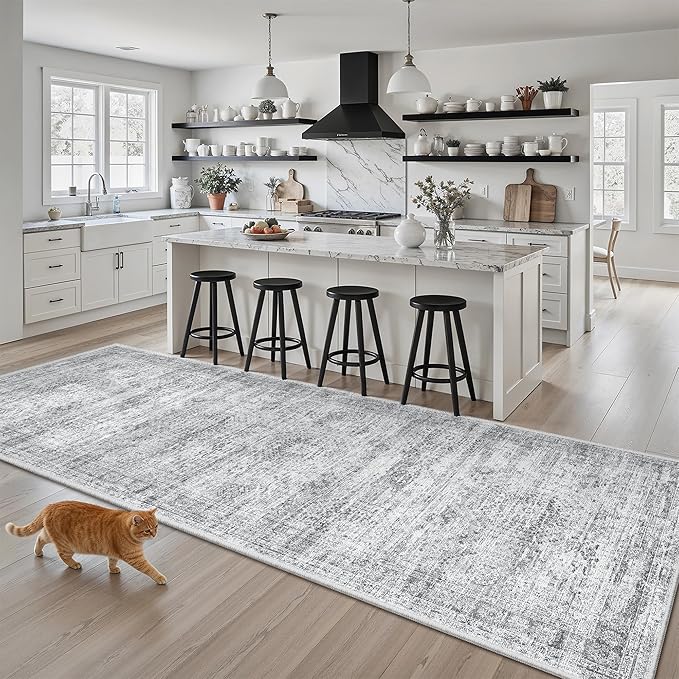 Soalmost Washable Kitchen Runner Rug 3x8 Hallway Entry Rugs Non-Slip, Grey | Vintage Runners 8ft for Bathroom Laundry Room, Foldable Low-Pile Floor Carpet Mat for Entryway Corridor Bedroom