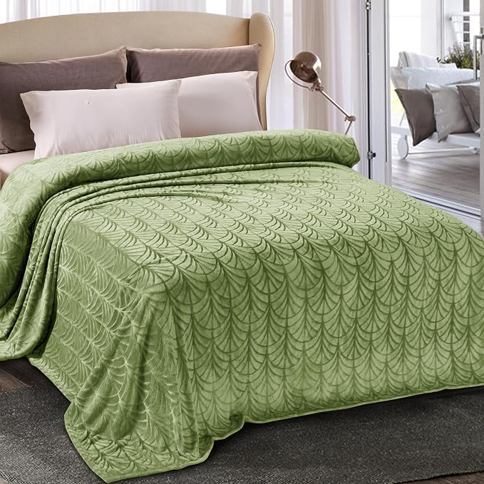 Whale Flotilla Soft Flannel Fleece Twin Size Blanket for Bed, Olive Green | Cozy Lightweight Breathable Coverlet, Plush Fluffy Bedspread, Vintage Pattern Decorative Blanket for Dorm, All Season 60"x80"