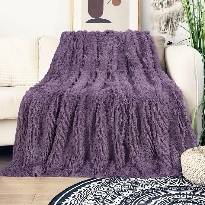 Decorative Extra Soft Fuzzy Faux Fur Throw Blanket 50" x 60",Solid Reversible Long Hair Shaggy Blanket,Fluffy Plush Comfy Microfiber Fleece Blanket for Couch Sofa Bedroom,Patrican Purple
