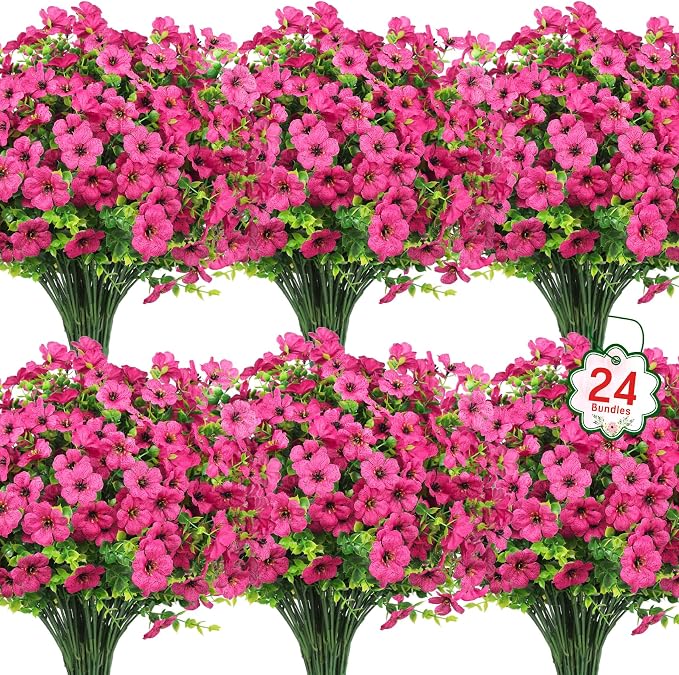 Ouddy Decor 24 Pcs Artificial Flowers for Outdoors Decorations, Rose Red | Lifelike silk flowers, UV resistant, faux plastic plants, for garden porch window table vase home indoor outdoor decor