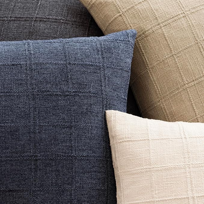 Foindtower Set of 2 Decorative Linen Check Throw Pillow Covers Neutral Farmhouse Vintage Cushion Covers Modern Boho Home Decor for Sofa Chair Couch Bedroom Living Room,22×22 Inch,Navy Blue