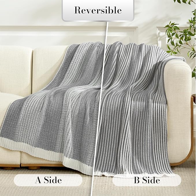 Amélie Home Premium Chenille Throw Blanket, Soft Cozy Luxury Two-Tone Knit Blanket for Couch, Sofa, Chair, Home Decor, Grey & Ivory 50"x60"