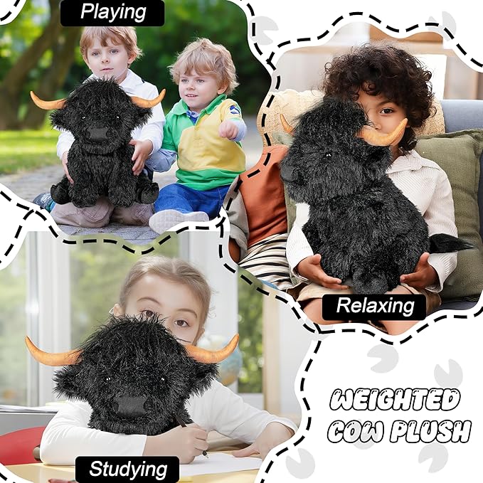 Highland Cow Weighted Stuffed Animals, 4 Lbs Black Highland Cow Plush 13.7 Inches, Surprise Weighted Stuffed Animals Gift for Kids Birthdays, Halloween, Christmas (Black)
