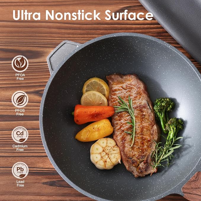SENSARTE Nonstick Wok Pan with Lid 11-inch, Healthy Stir-fry Pan Induction Cookware with Swiss Granite Coating, Deep Frying Pan Skillet with Stay-cool Handle, PFOA Free