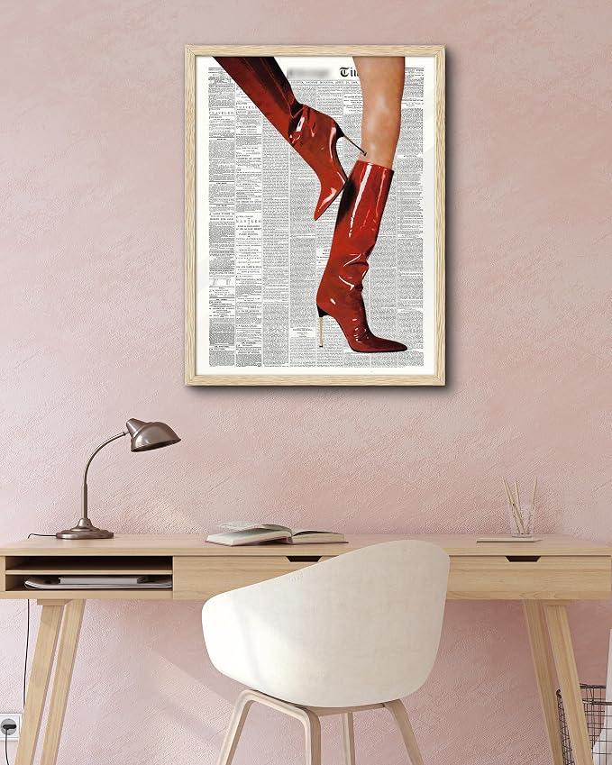EcoHest 16x20 in Red Boots Newspaper Framed Wall Art | Solid Oak Wood Frame with Canvas Wall Art, Fashion Magazine Wall Decor for Bedroom, Apartment, Dorm Room, College Room, 1Pack