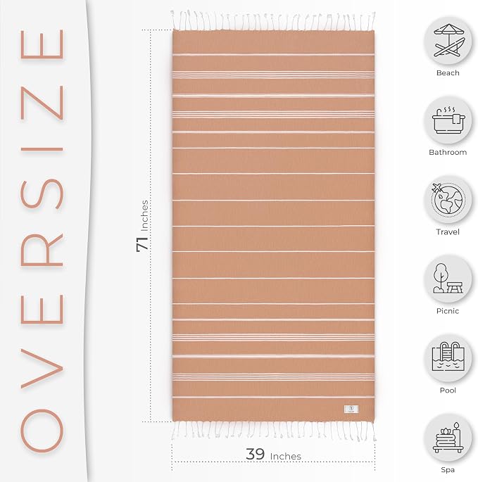 Ossano Turkish Beach Towel Quick Dry & Lightweight Extra Large (39" x 71") - Decorative, Versatile and Functional as Yoga Mat, Picnic Blanket, Travel Blanket, Gym, Camping and Bath Towels - Salmon