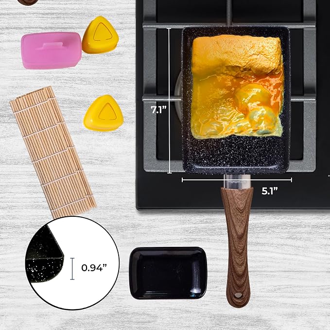 Tamagoyaki Pan with Lid, Japanese Cookware, Egg Pan, Rectangle Frying Pan, Kitchen Accessories, Square Pan, Omelette Maker Nonstick (With Glass Lid)