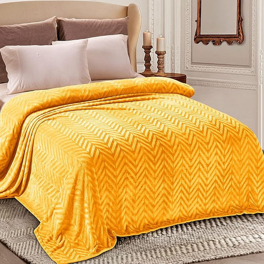 Whale Flotilla Flannel Fleece Fall Bed Blanket Queen Size, Lemon Yellow | Lightweight Breathable Soft Bedspread, Plush Fluffy Coverlet Chevron Design Decorative Blanket for Home Life, 90x90 Inch