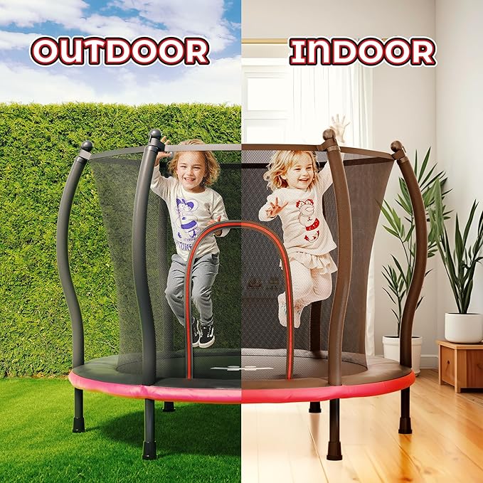 Happin® 55â€ Toddler Trampoline Indoor & Outdoor Playset, 5FT Kids Trampoline, Ultra Safe Mini Trampoline for Kids with Safety Enclosure Net, Gifts for Birthday with Basketball Hoop