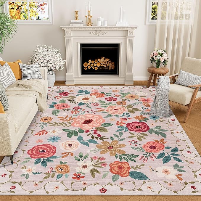 DUKINO 6x9 Area Rugs, Floral Washable Rug for Bedroom Non Slip, Beige | Soft, Low Pile, Large Indoor Rug for Living Room, Dining Room, Kids Room, Office, Pet Friendly, Home Decor, Stain Resistant