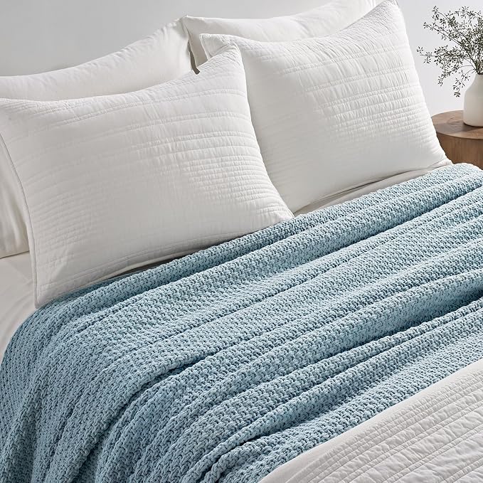 EVERGRACEHOME Chunky Chenille Knit Throw Blanket, 108x92, Chambray Blue | Sculpted Moss Stitch, Chic Modern Farmhouse, All-Season Warmth, OEKO-TEX® Certified, Oversized King for Couch, Bed, Sofa