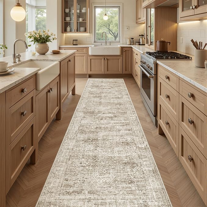 Soalmost Runner Rug 2x7 Washable Non-Slip Hallway Rugs for Kitchen Brown | Low-Pile Vintage Runners for Bathroom Laundry Room, Foldable Floor Carpet Mat for Entryway Corridor Bedroom
