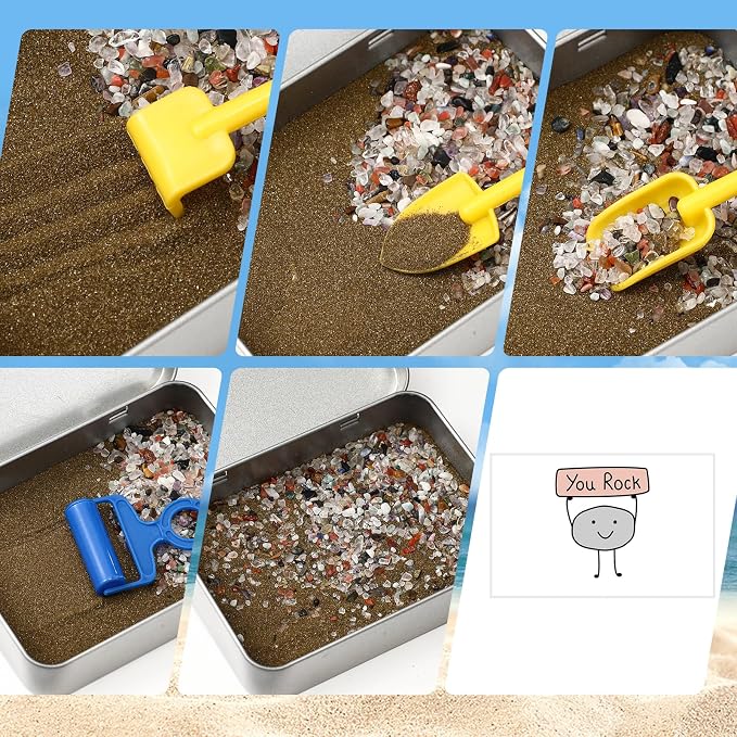 Qunclay Rock Zen Garden Kit - Desk Zen Garden for Anxiety with 'You Rock' Resin Stone, Multicolor Healing Crystal Stones, Mini Tools & Tin Box, Stress Desk Decor for Employees Office Home Dorm