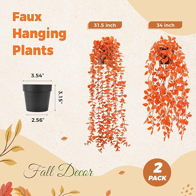 Der Rose 2Pcs Fake Fall Hanging Plants for Home Bathroom Wall Outdoor | Orange artificial hanging plants for autumn decor accents, fall bathroom and kitchen decor, porch, patio and covered decor